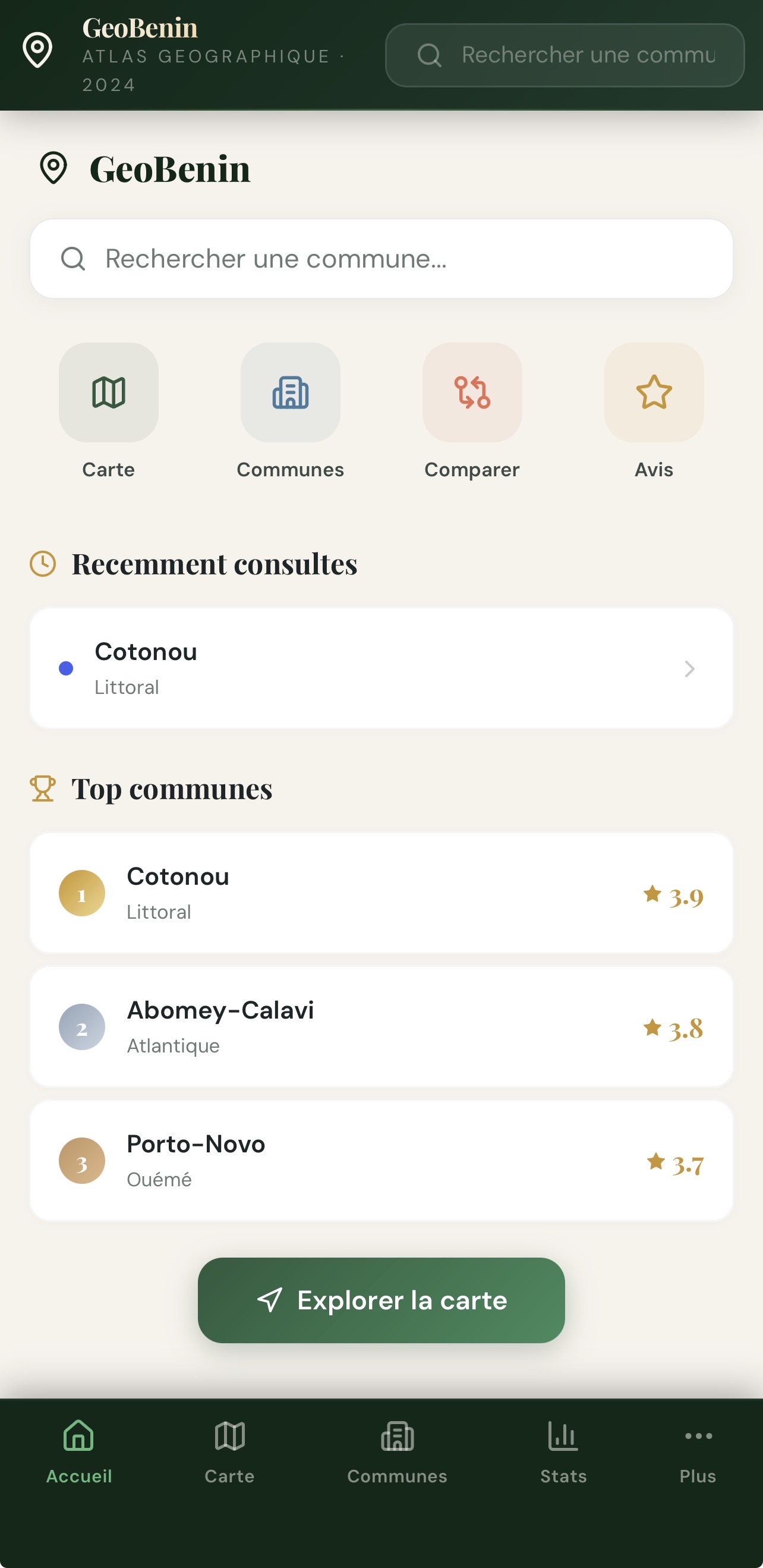 Aperçu de l’application mobile GéoBénin